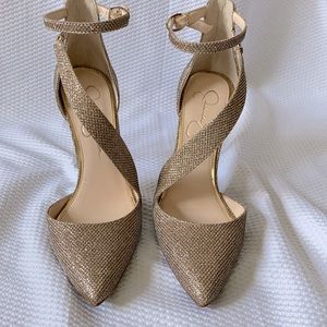 Jessica Simpson gold sparkle heels w/ cross strap